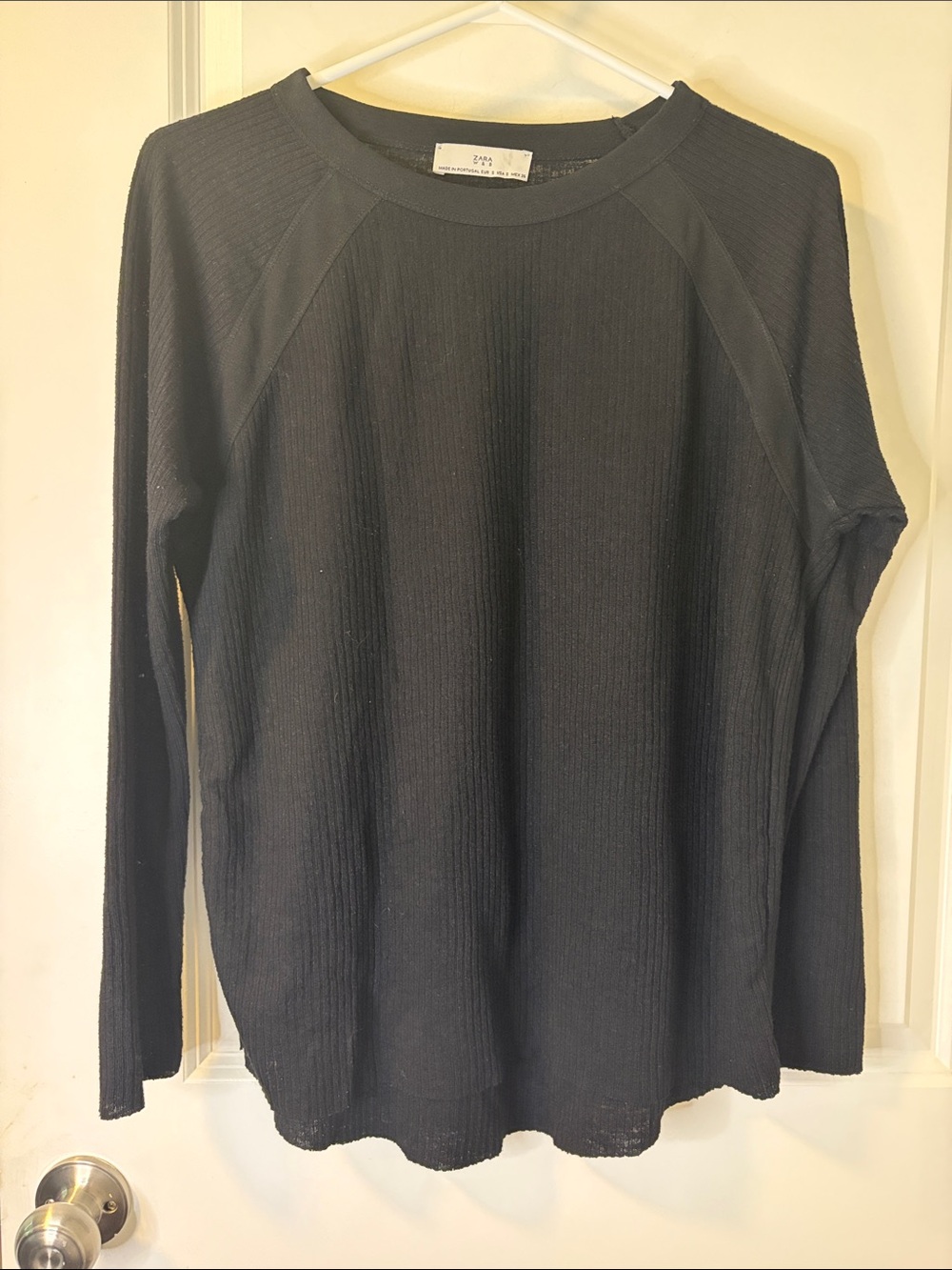 Zara Black Ribbed Long-Sleeve Crewneck Top - Slim Fit